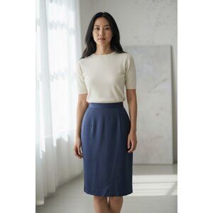 Women’s 100% Silk Pencil Skirt Blue Midi Lined High Waist Workwear Size 6P
